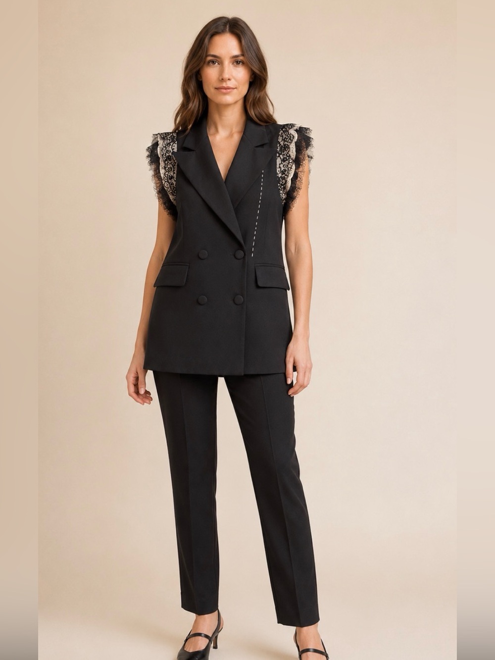 Sleeveless Black Lace-Trim Blazer & Pant Set